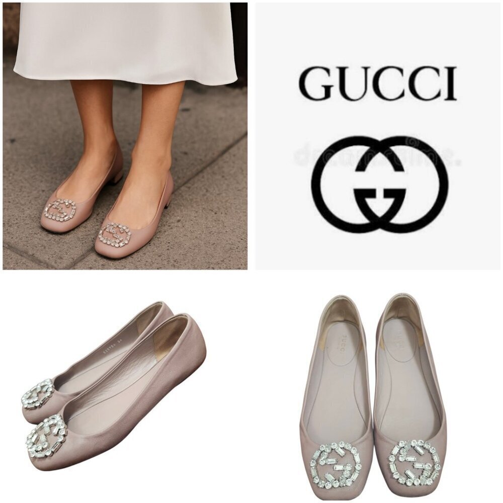 Gucci Women's Ballet Flats Pink Satin Square Toe GG Crystal Logo Designer Shoes
